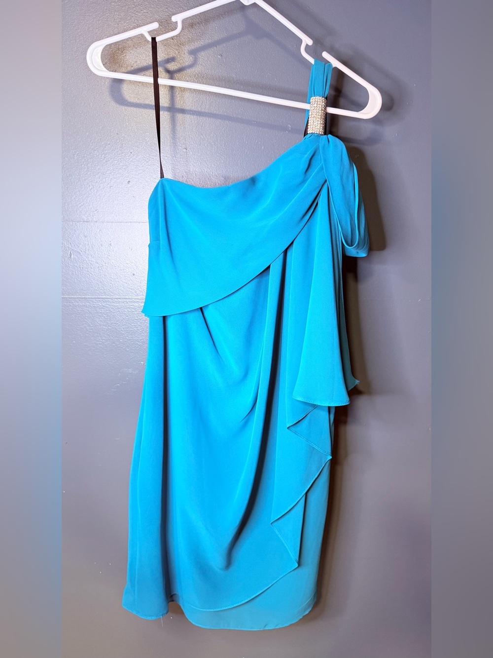 One-Shoulder Turquoise Blue Dress with Draped Ruffle